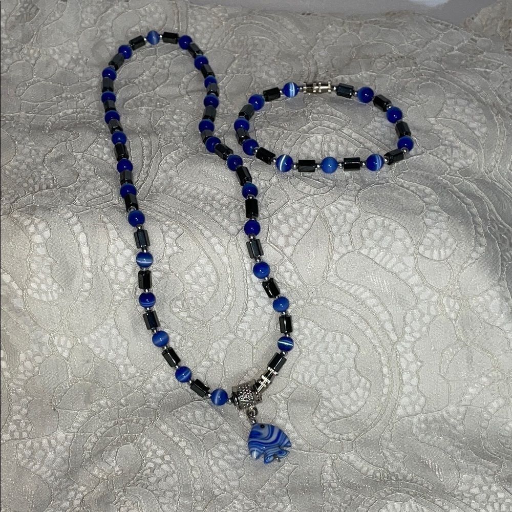 Beautiful Hematite and Blue Beaded Necklace with Fish Pendant and Bracelet Set